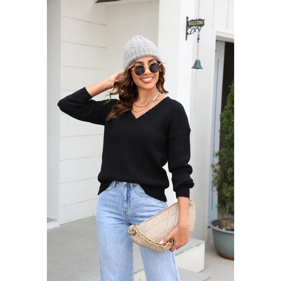 Ribbed V-Neck Dropped Shoulder Knit Top