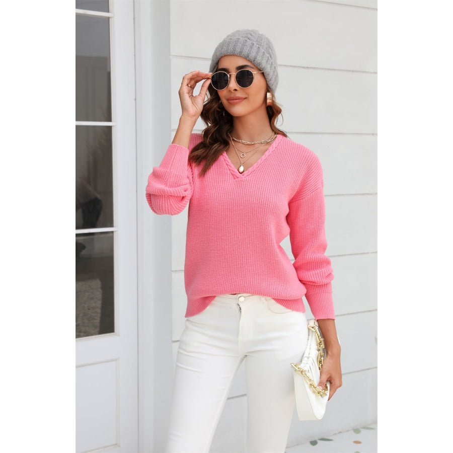 Ribbed V-Neck Dropped Shoulder Knit Top