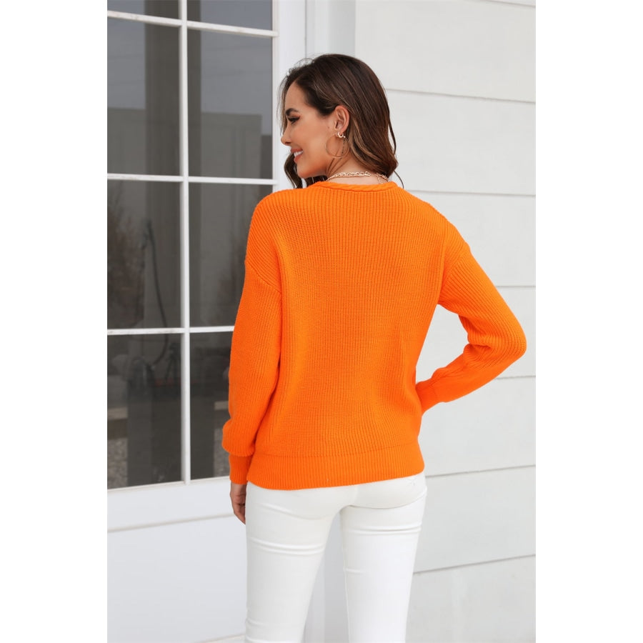 Ribbed V-Neck Dropped Shoulder Knit Top