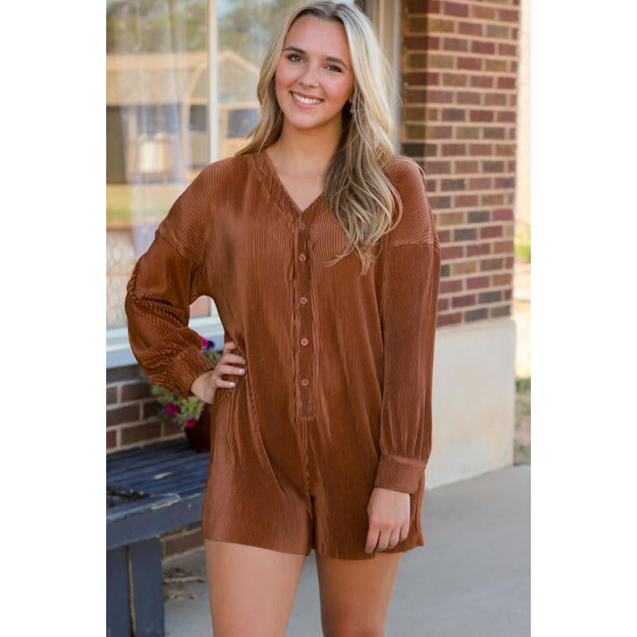 Ribbed V-Neck Half Buttoned Romper Chestnut / S Clothing