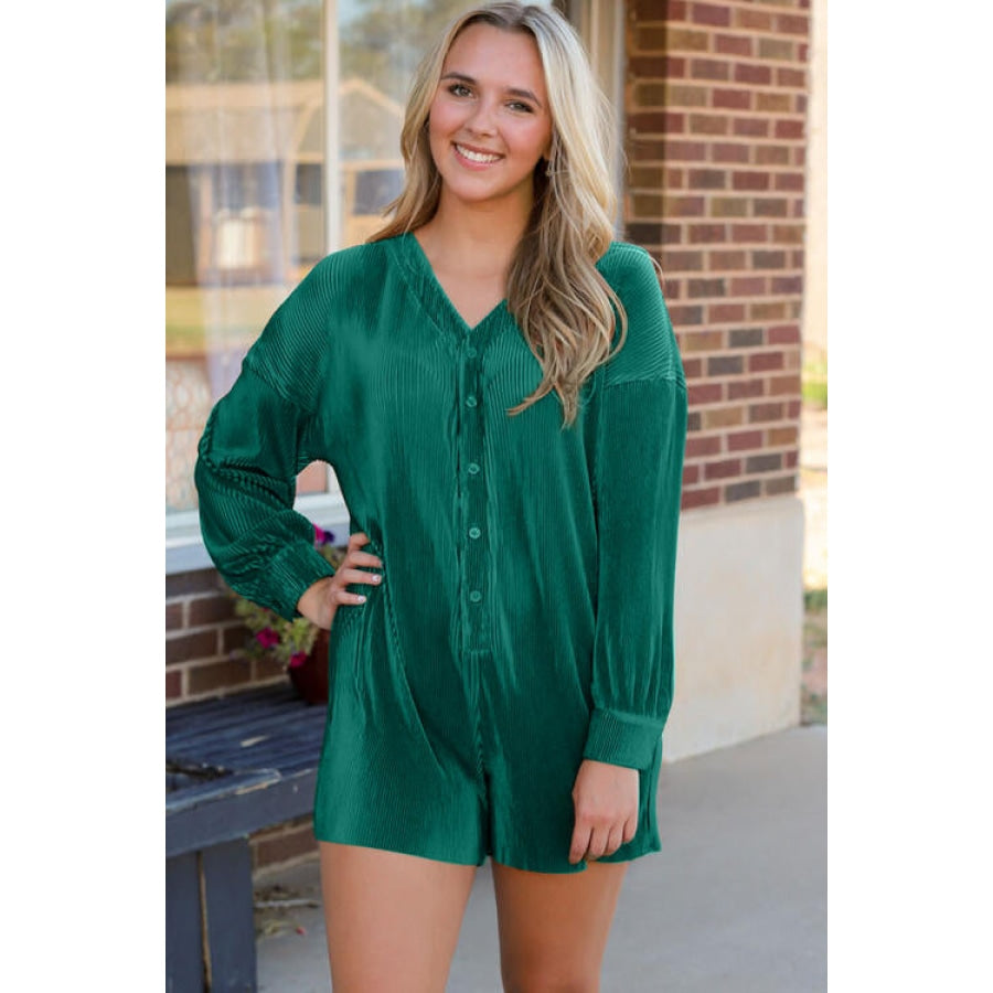 Ribbed V-Neck Half Buttoned Romper Clothing