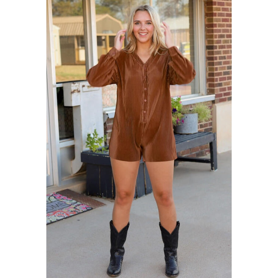 Ribbed V-Neck Half Buttoned Romper Clothing