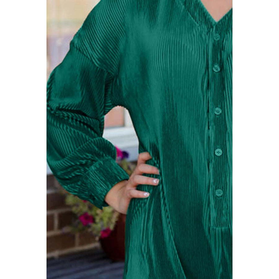 Ribbed V-Neck Half Buttoned Romper Green / S Clothing