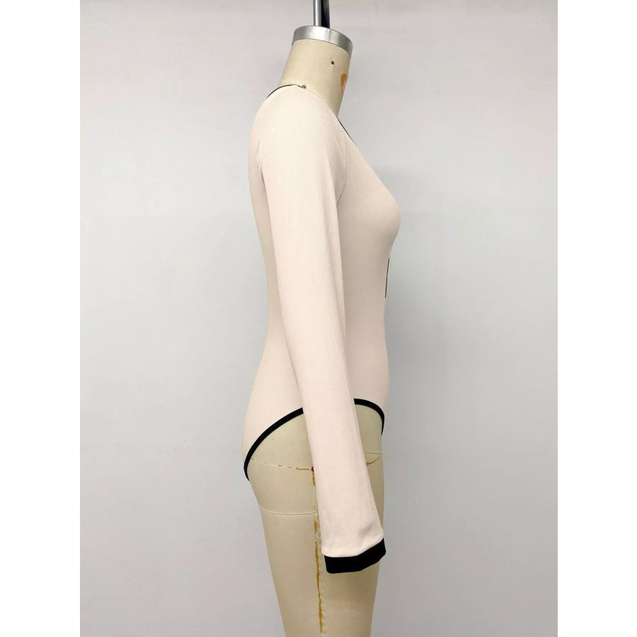 Ribbed V-Neck Long Sleeve Bodysuit with Contrast Trim Apparel and Accessories
