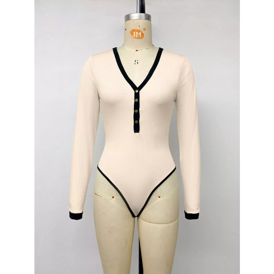Ribbed V-Neck Long Sleeve Bodysuit with Contrast Trim Apparel and Accessories