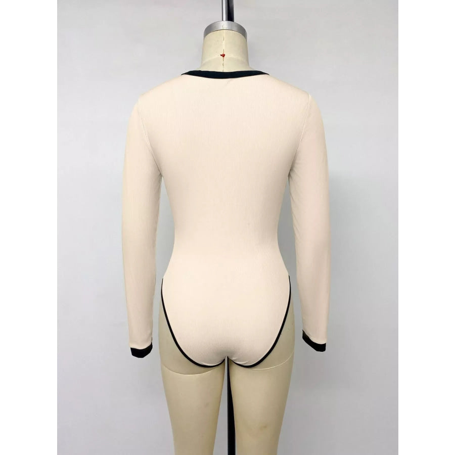 Ribbed V-Neck Long Sleeve Bodysuit with Contrast Trim Apparel and Accessories