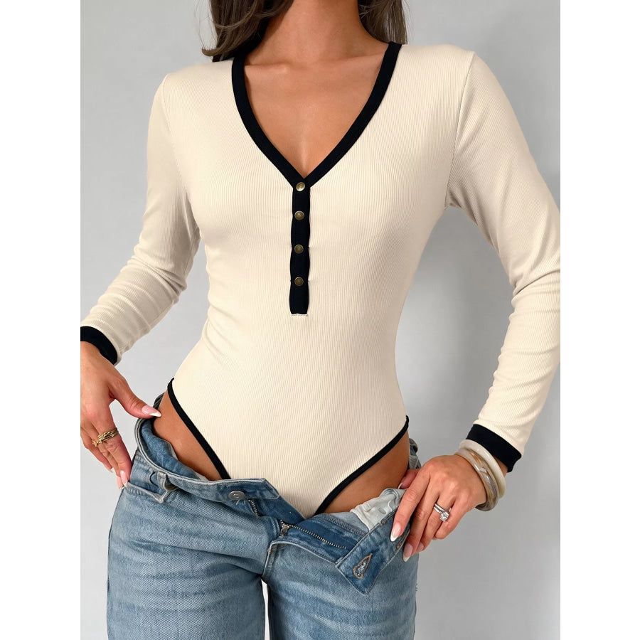 Ribbed V-Neck Long Sleeve Bodysuit with Contrast Trim Apparel and Accessories