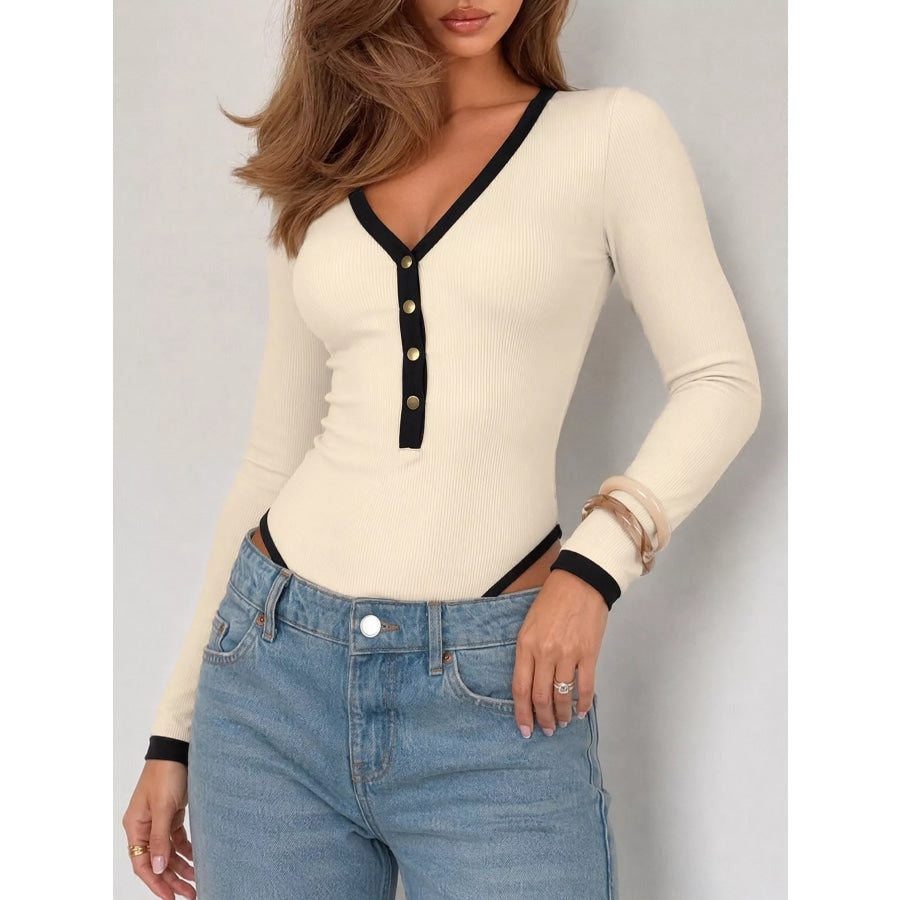 Ribbed V-Neck Long Sleeve Bodysuit with Contrast Trim Tan / S Apparel and Accessories
