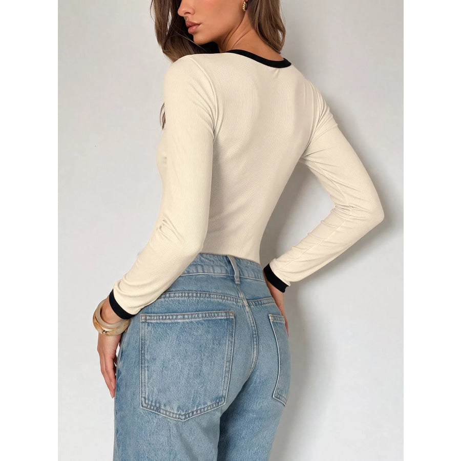 Ribbed V-Neck Long Sleeve Bodysuit with Contrast Trim Apparel and Accessories