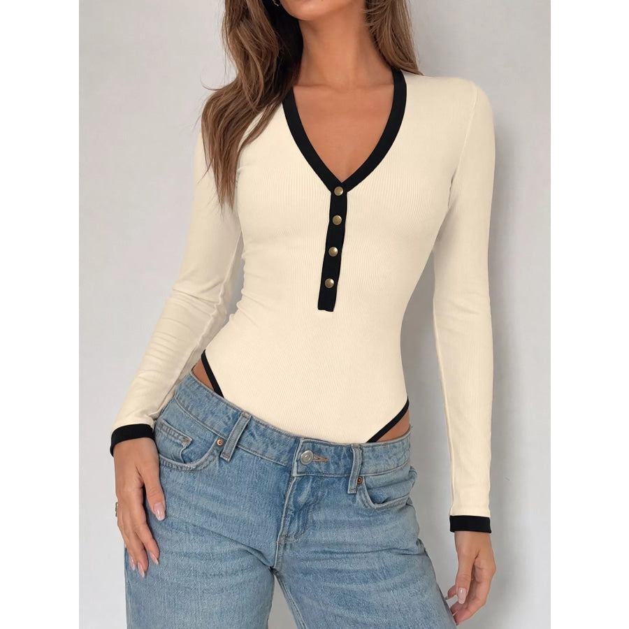 Ribbed V-Neck Long Sleeve Bodysuit with Contrast Trim Tan / S Apparel and Accessories