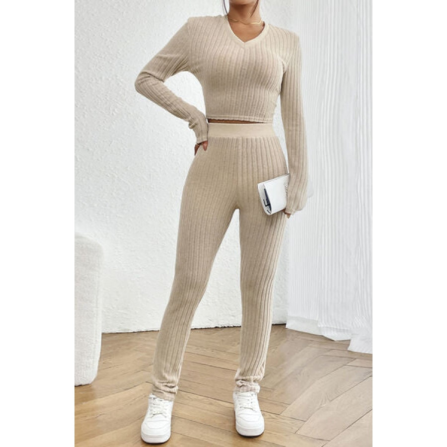 Ribbed V-Neck Long Sleeve Cropped Top and Pants Set Beige / S Clothing