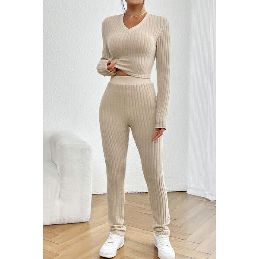 Ribbed V-Neck Long Sleeve Cropped Top and Pants Set Clothing