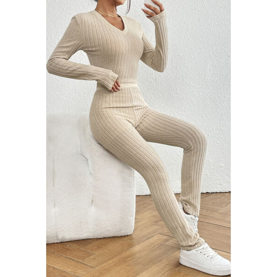 Ribbed V-Neck Long Sleeve Cropped Top and Pants Set Clothing