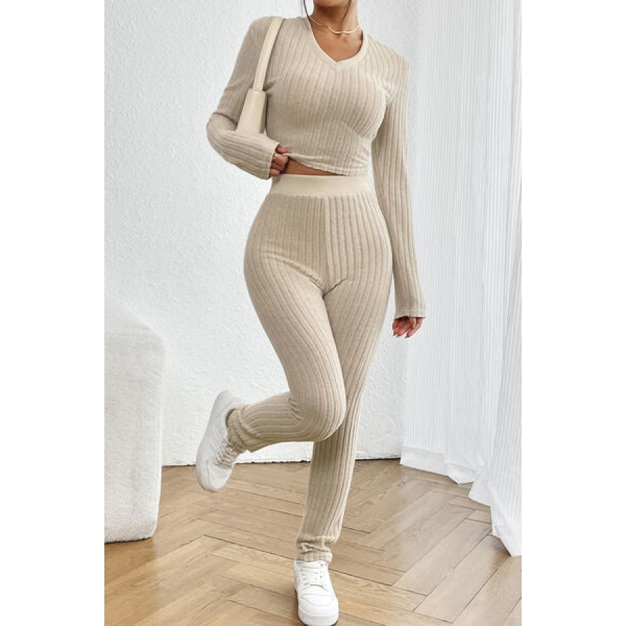 Ribbed V-Neck Long Sleeve Cropped Top and Pants Set Clothing