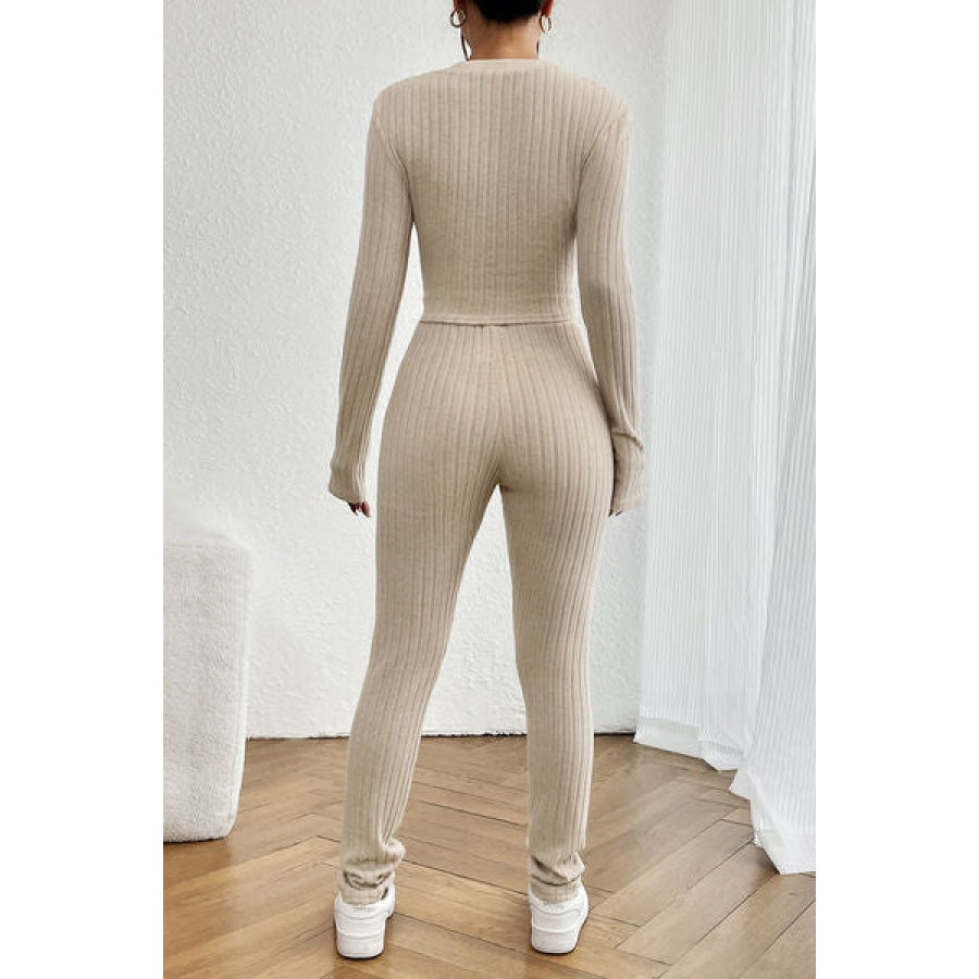 Ribbed V-Neck Long Sleeve Cropped Top and Pants Set Clothing