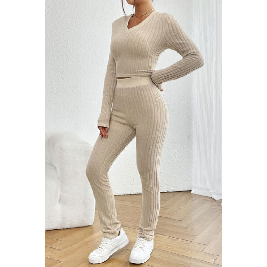 Ribbed V-Neck Long Sleeve Cropped Top and Pants Set Clothing