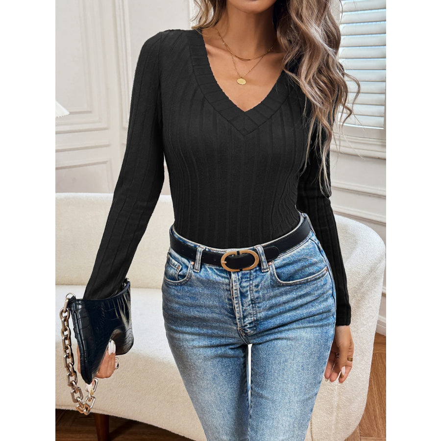 Ribbed V-Neck Long Sleeve T-Shirt Apparel and Accessories