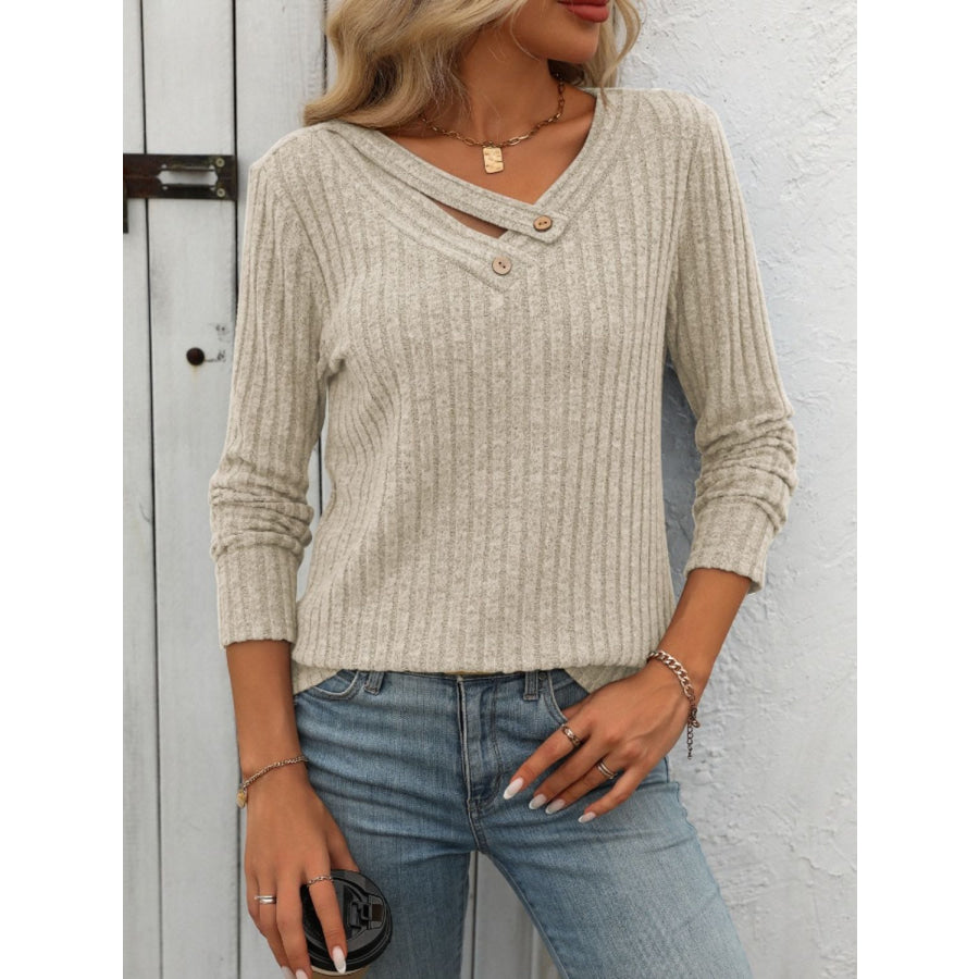 Ribbed V-Neck Long Sleeve T-Shirt Apparel and Accessories