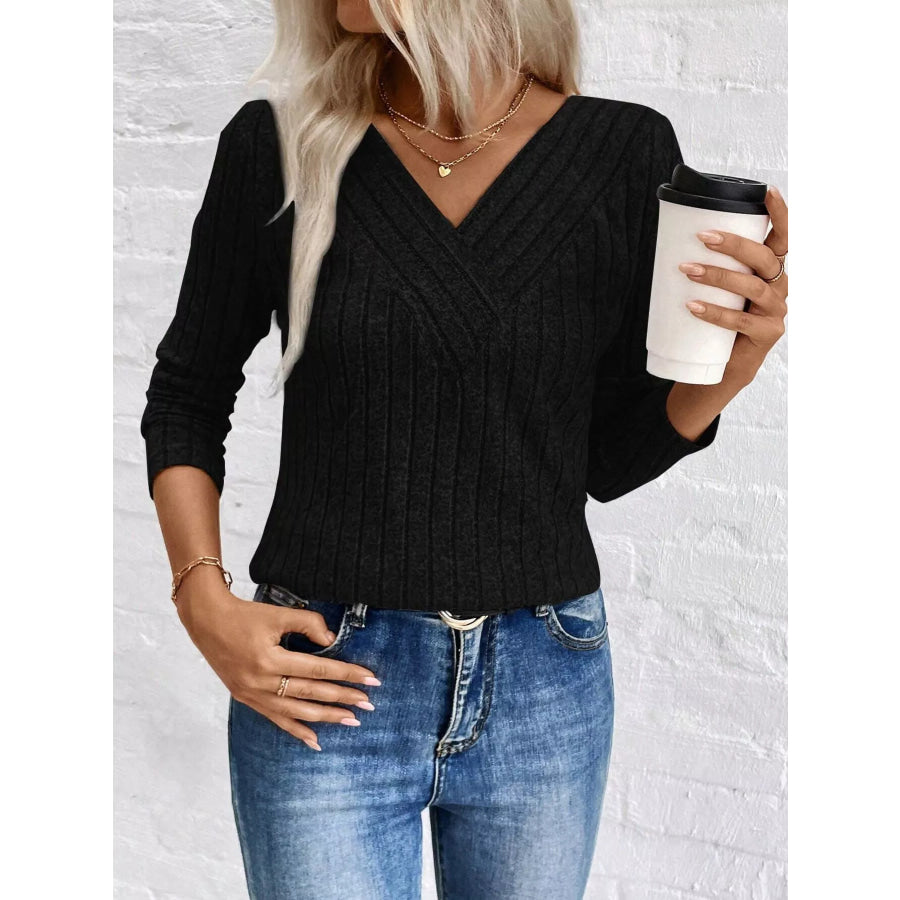 Ribbed V-Neck Long Sleeve T-Shirt Apparel and Accessories