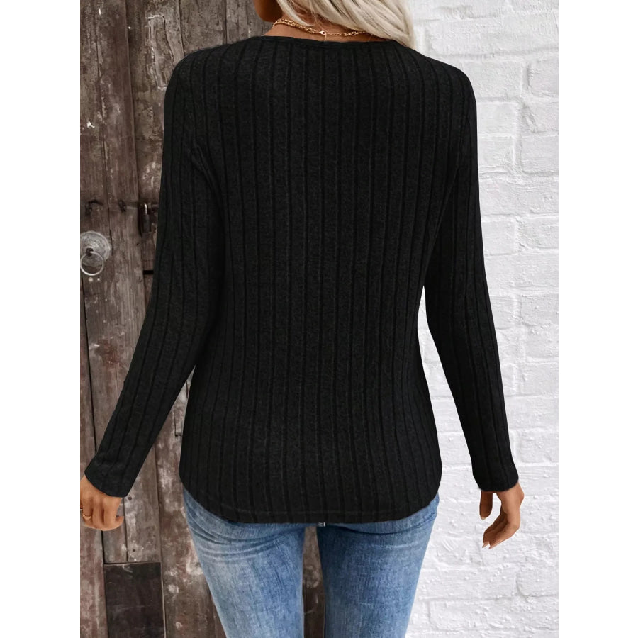Ribbed V-Neck Long Sleeve T-Shirt Apparel and Accessories