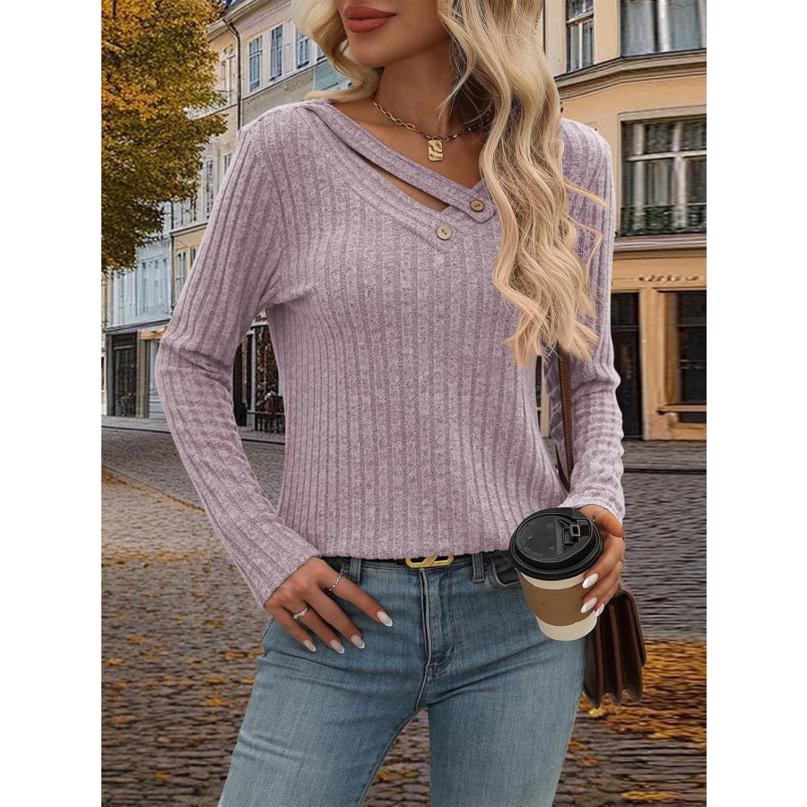 Ribbed V-Neck Long Sleeve T-Shirt Apparel and Accessories