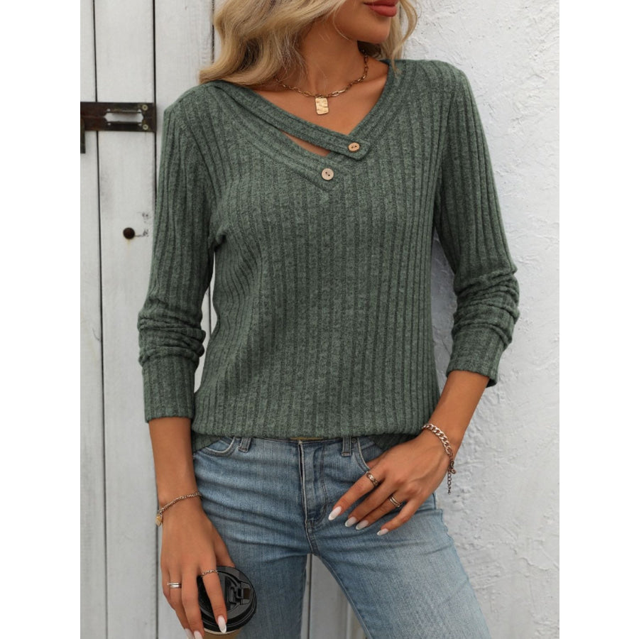 Ribbed V-Neck Long Sleeve T-Shirt Apparel and Accessories