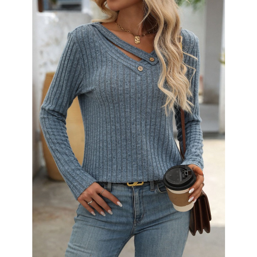 Ribbed V-Neck Long Sleeve T-Shirt Apparel and Accessories