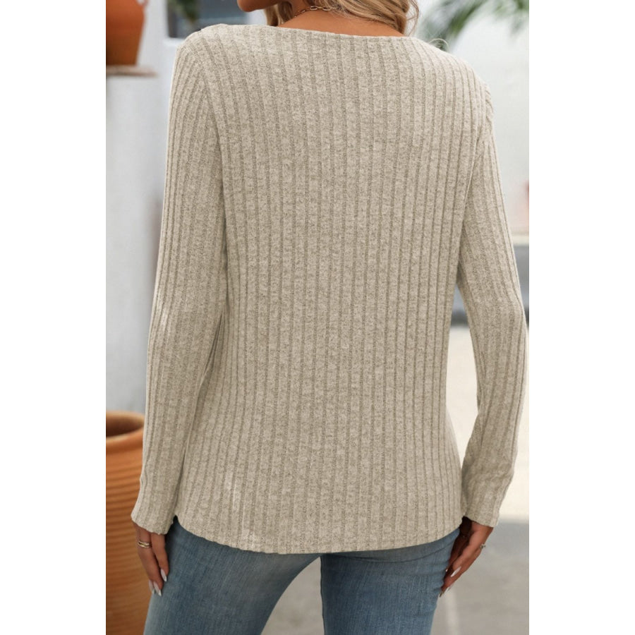 Ribbed V-Neck Long Sleeve T-Shirt Apparel and Accessories
