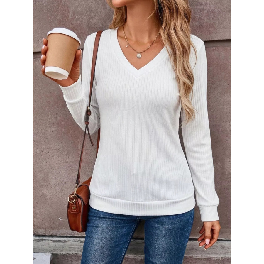 Ribbed V-Neck Long Sleeve T-Shirt Apparel and Accessories