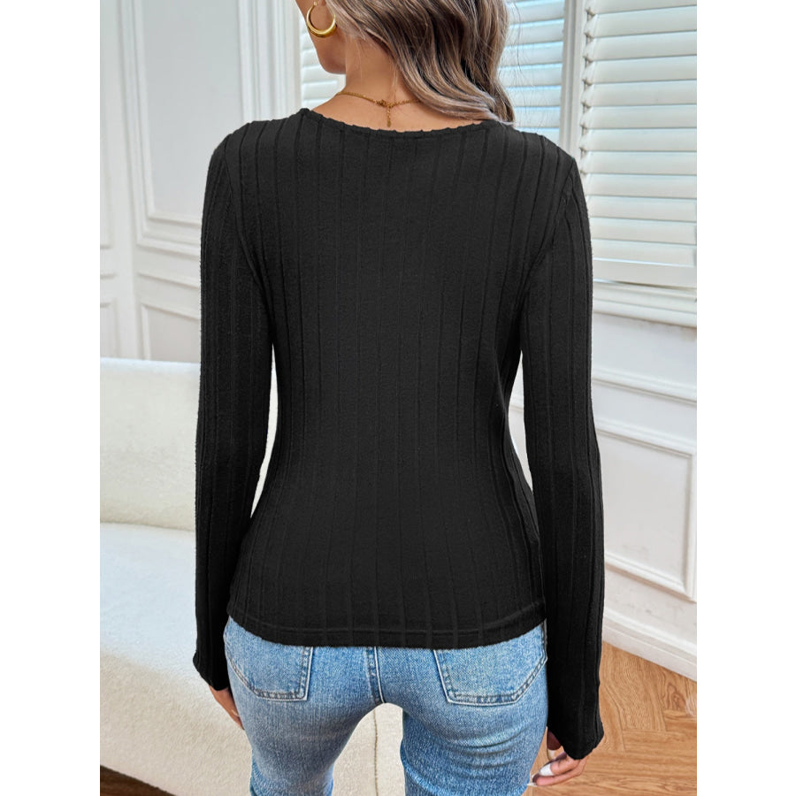 Ribbed V-Neck Long Sleeve T-Shirt Apparel and Accessories