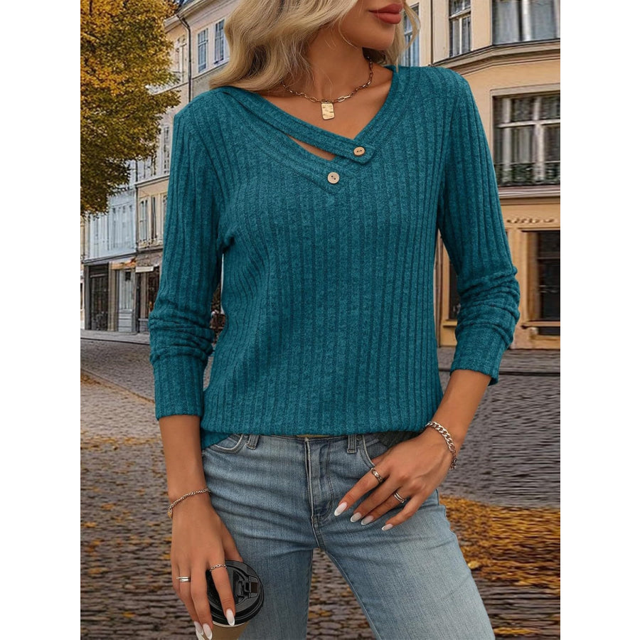 Ribbed V-Neck Long Sleeve T-Shirt Apparel and Accessories