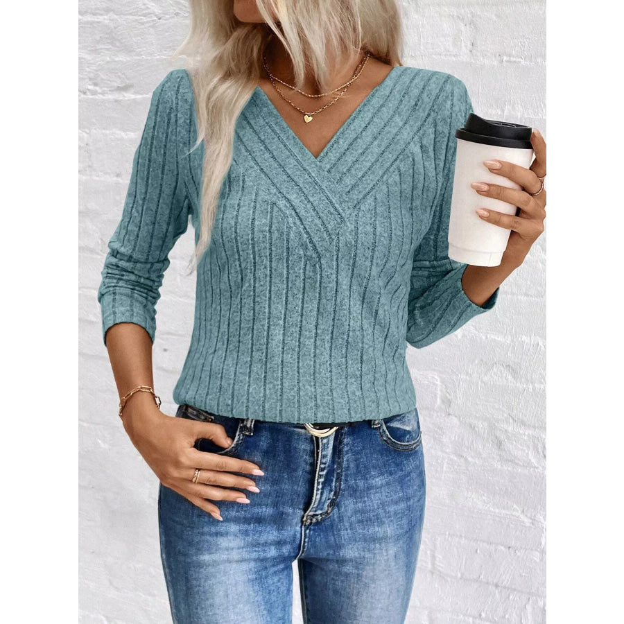Ribbed V-Neck Long Sleeve T-Shirt Apparel and Accessories