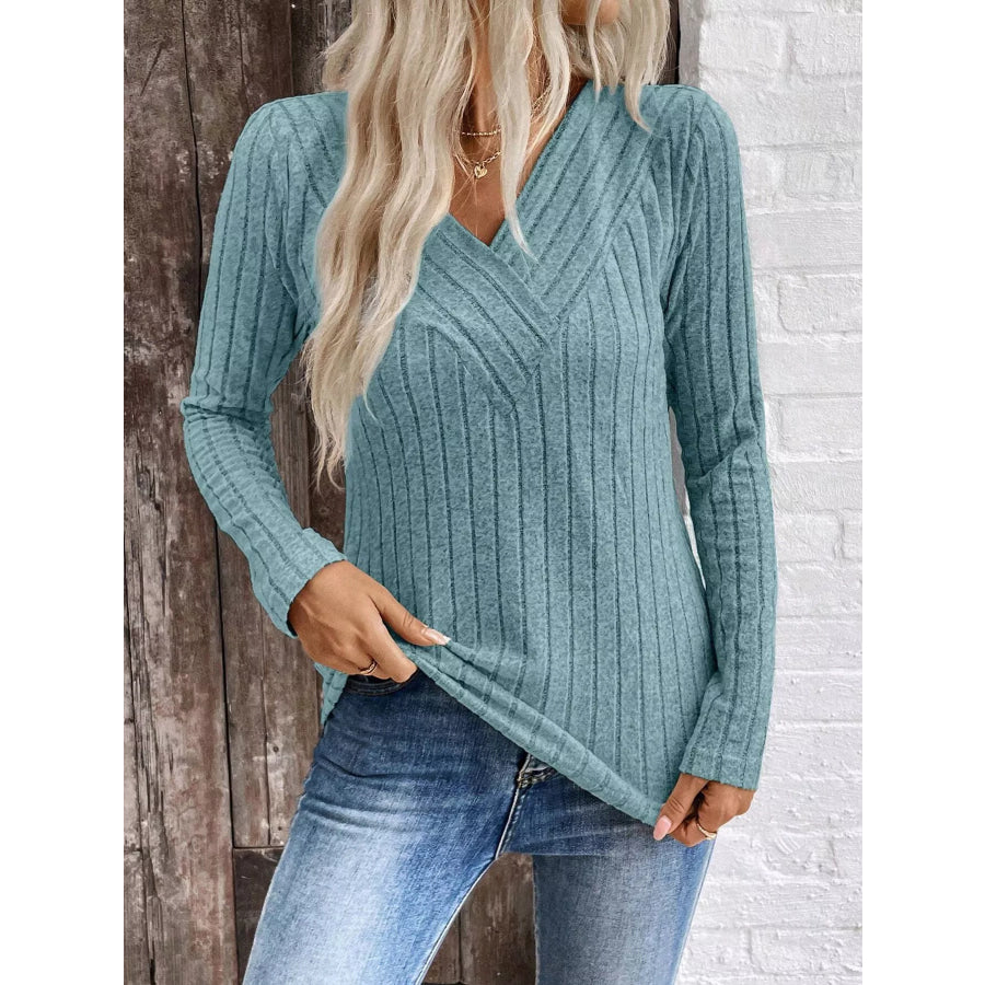 Ribbed V-Neck Long Sleeve T-Shirt Apparel and Accessories