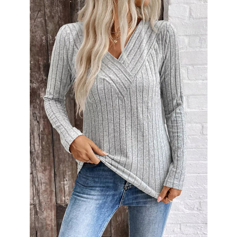 Ribbed V-Neck Long Sleeve T-Shirt Apparel and Accessories