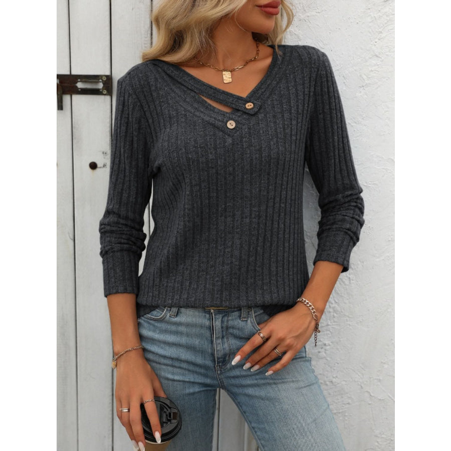 Ribbed V-Neck Long Sleeve T-Shirt Apparel and Accessories