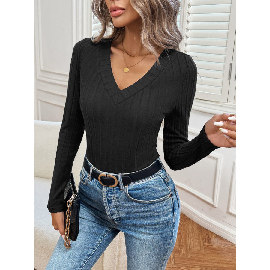 Ribbed V-Neck Long Sleeve T-Shirt Apparel and Accessories