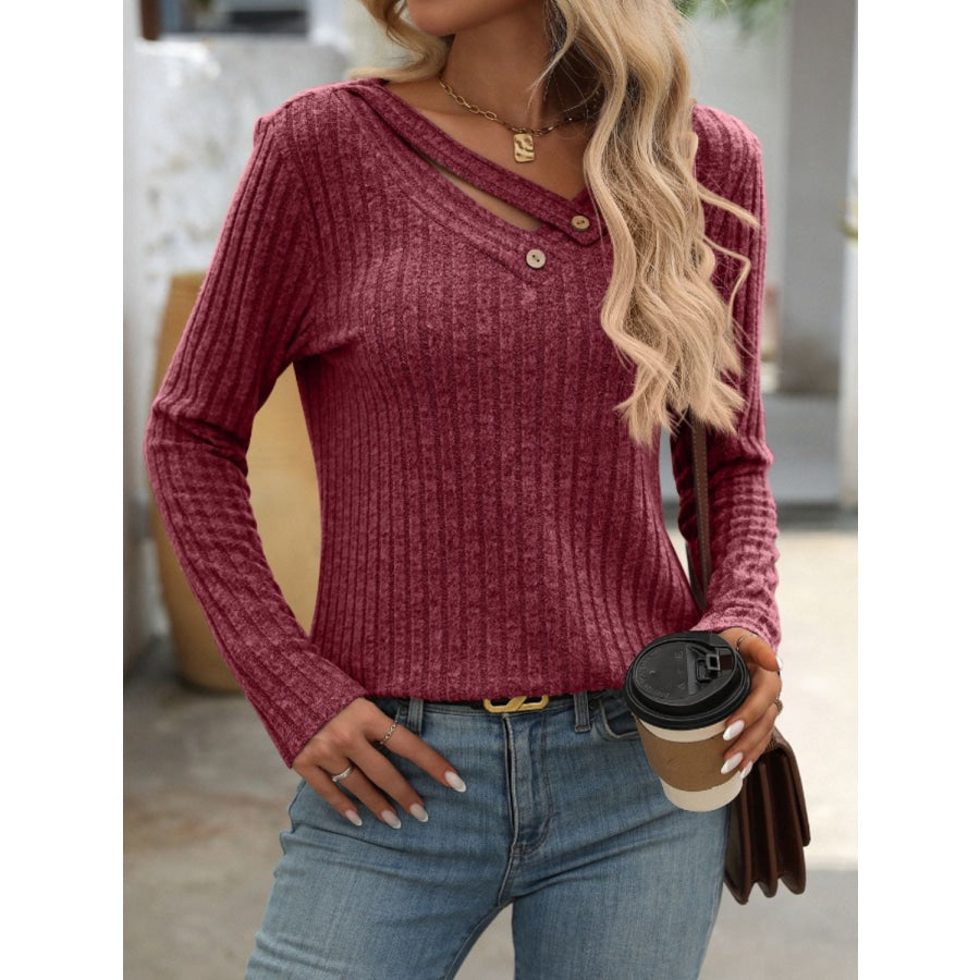 Ribbed V-Neck Long Sleeve T-Shirt Apparel and Accessories