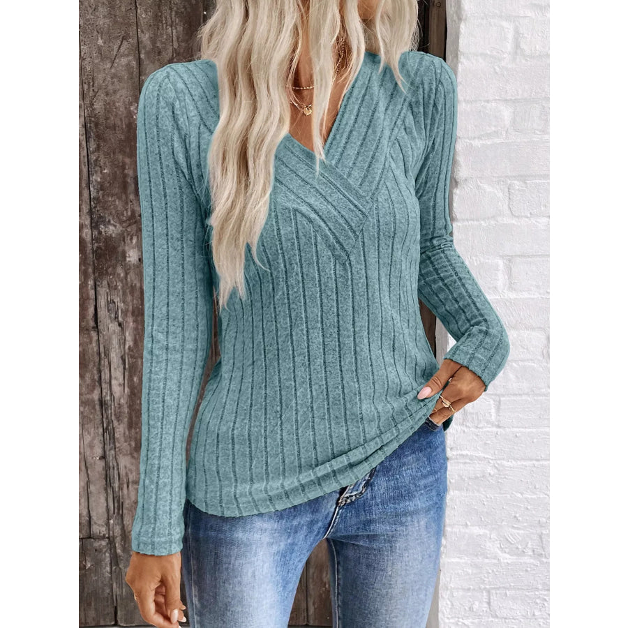 Ribbed V-Neck Long Sleeve T-Shirt Apparel and Accessories