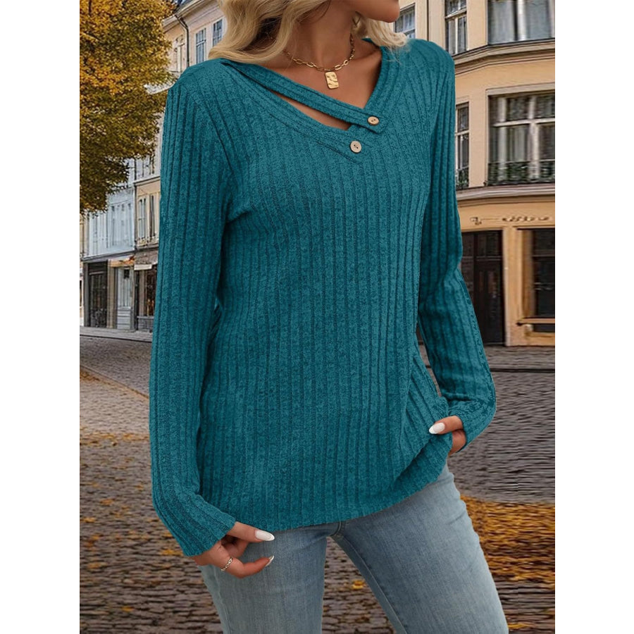 Ribbed V-Neck Long Sleeve T-Shirt Apparel and Accessories