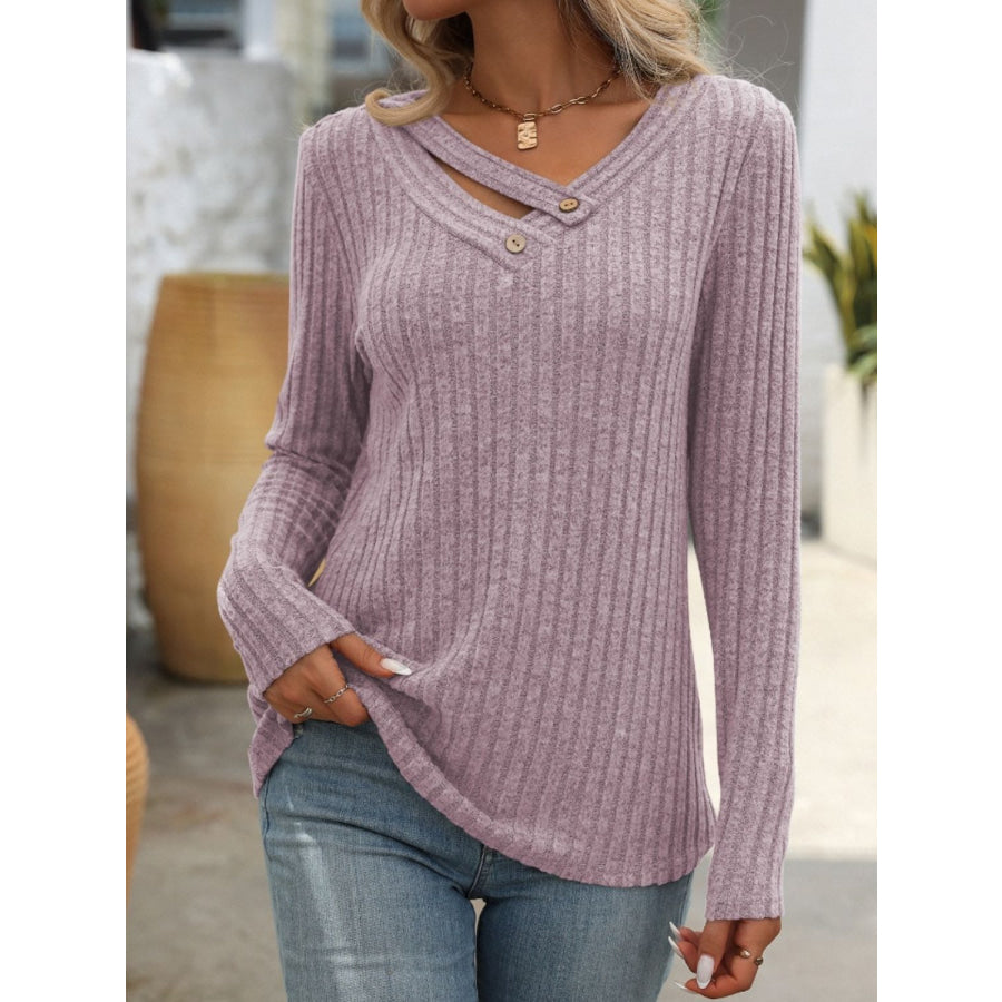 Ribbed V-Neck Long Sleeve T-Shirt Apparel and Accessories