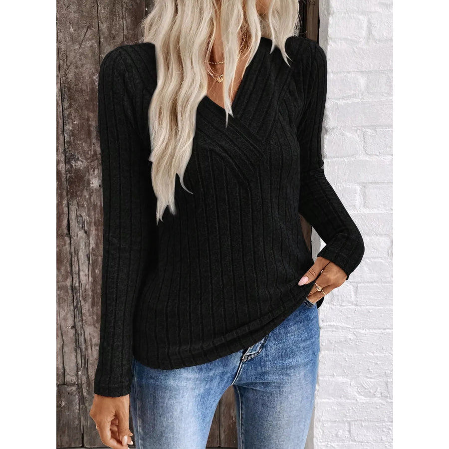 Ribbed V-Neck Long Sleeve T-Shirt Apparel and Accessories