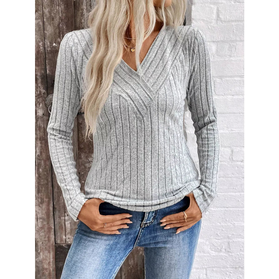 Ribbed V-Neck Long Sleeve T-Shirt Apparel and Accessories
