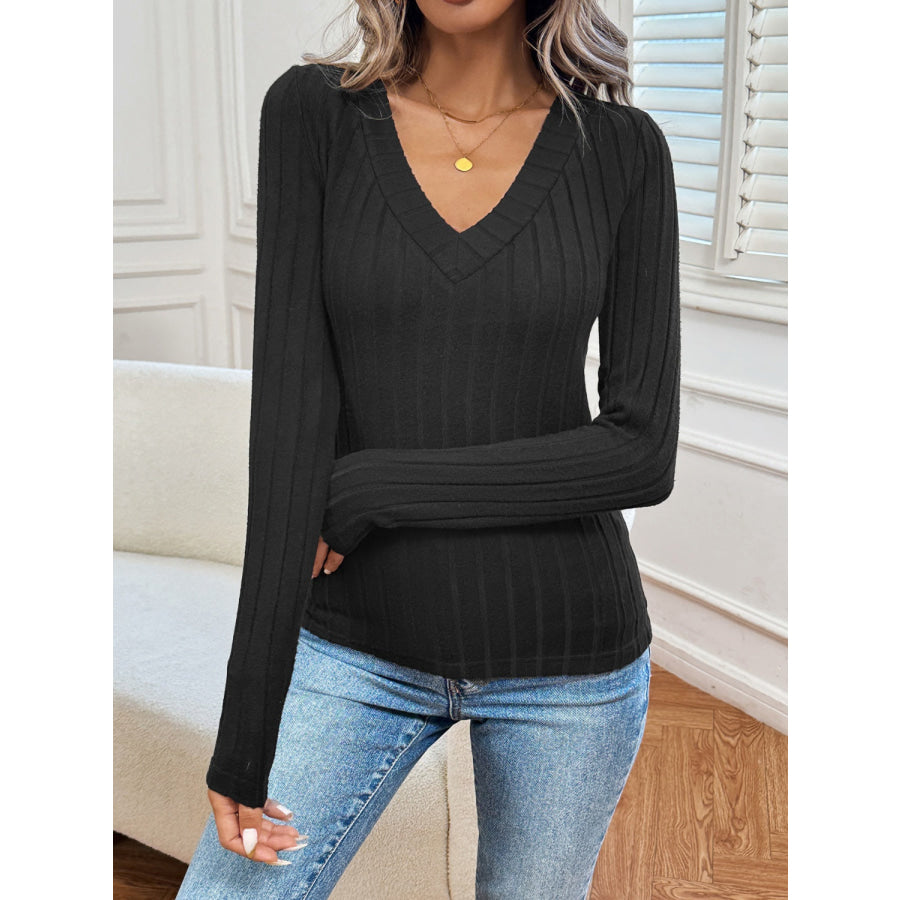 Ribbed V-Neck Long Sleeve T-Shirt Apparel and Accessories