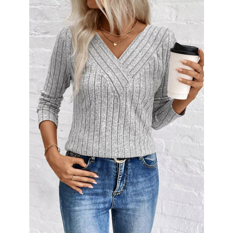 Ribbed V-Neck Long Sleeve T-Shirt Apparel and Accessories