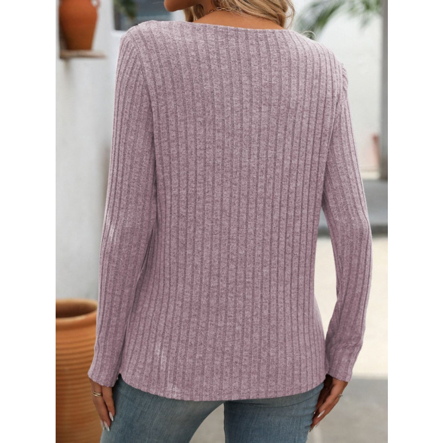 Ribbed V-Neck Long Sleeve T-Shirt Apparel and Accessories