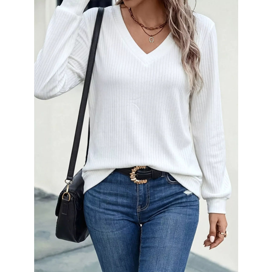Ribbed V-Neck Long Sleeve T-Shirt Apparel and Accessories