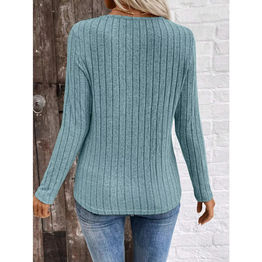 Ribbed V-Neck Long Sleeve T-Shirt Apparel and Accessories