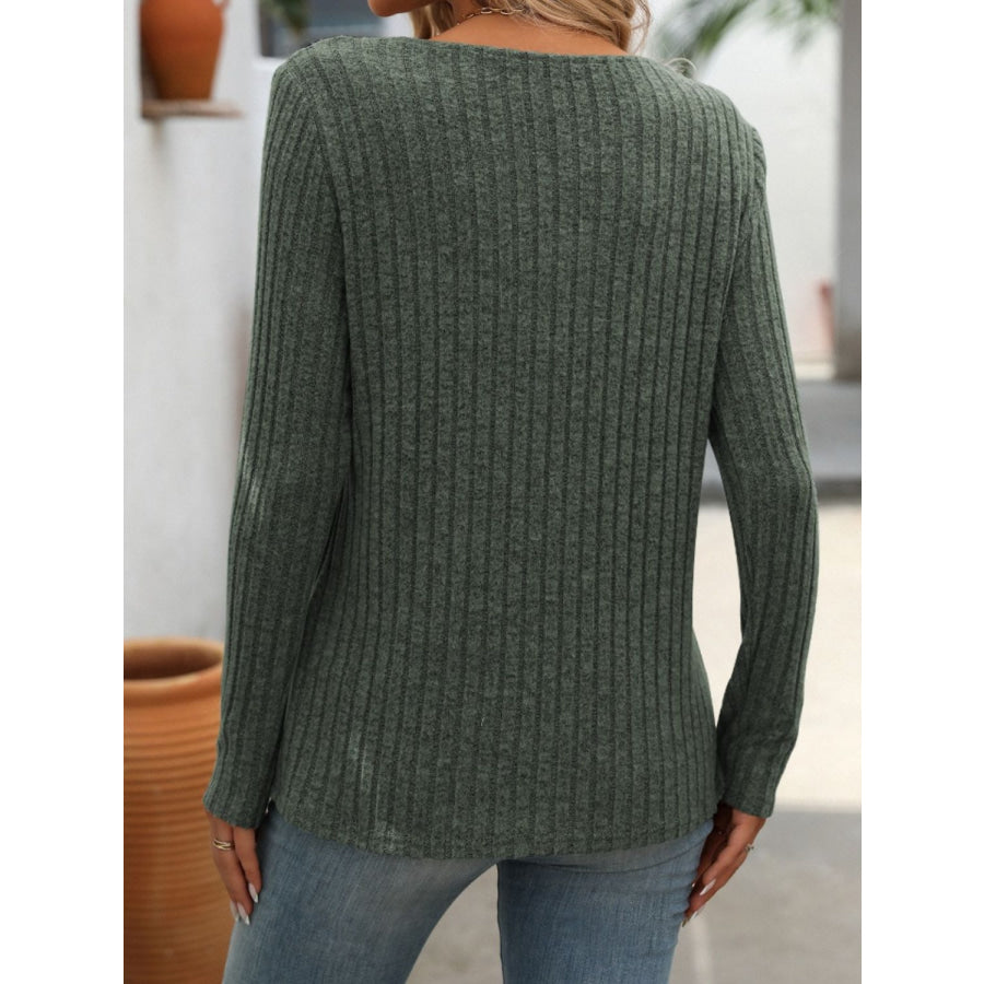 Ribbed V-Neck Long Sleeve T-Shirt Apparel and Accessories