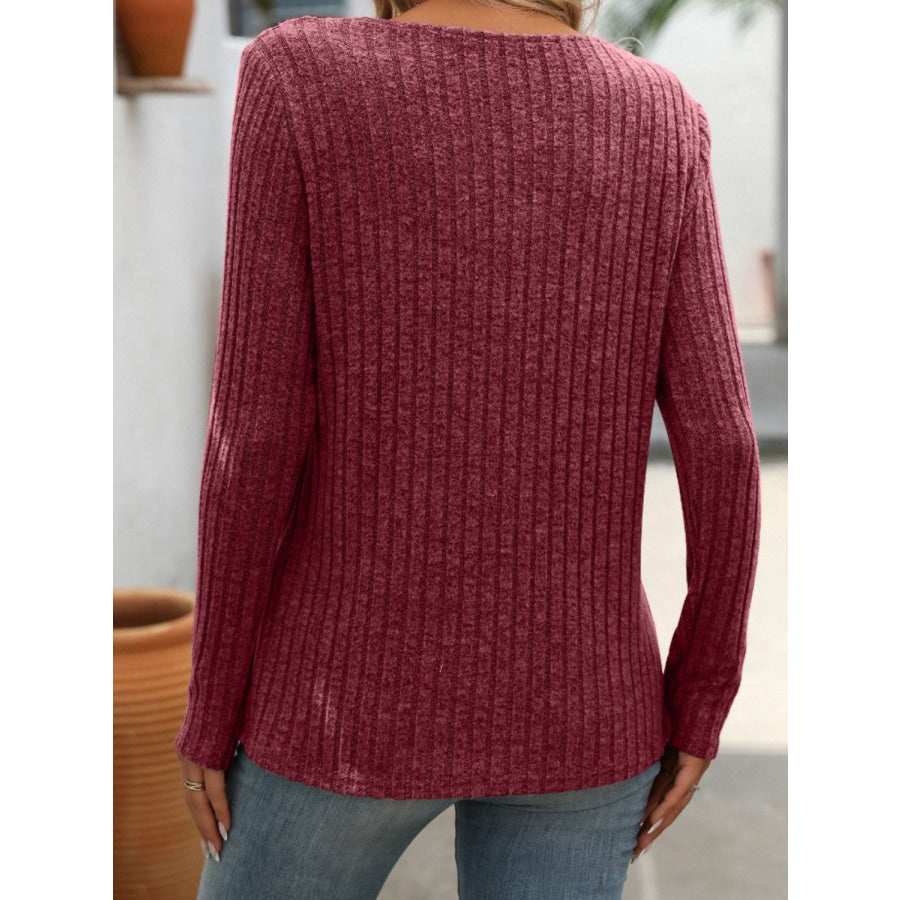Ribbed V-Neck Long Sleeve T-Shirt Apparel and Accessories