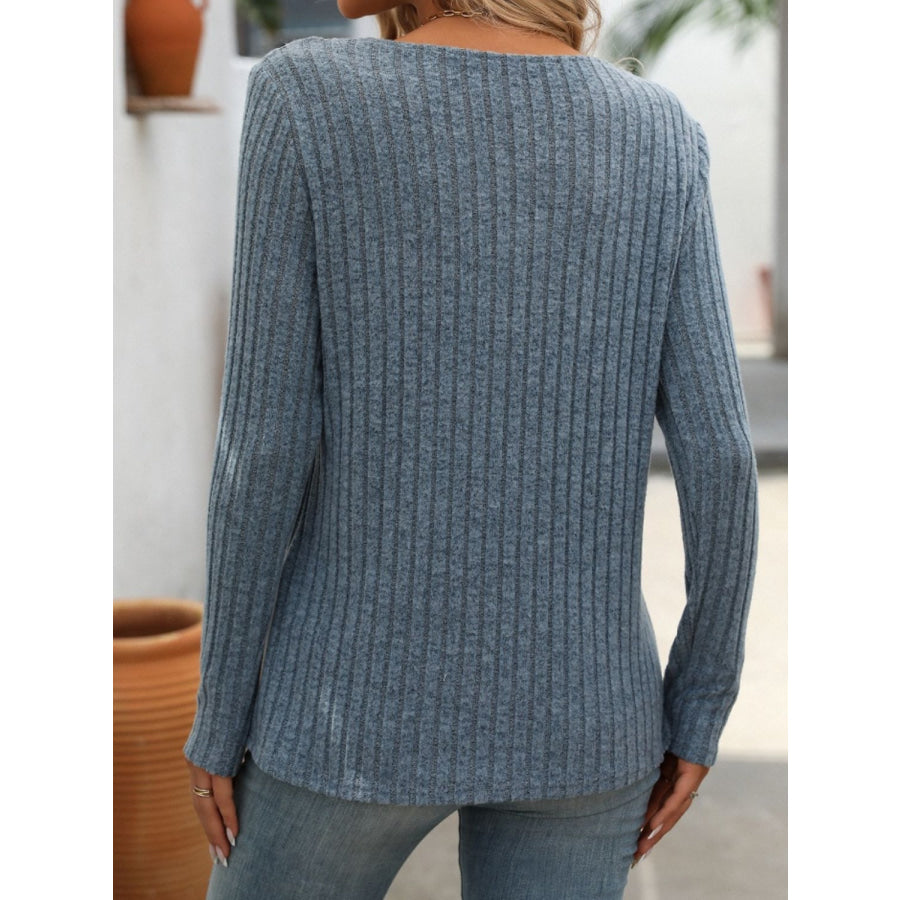 Ribbed V-Neck Long Sleeve T-Shirt Dusty Blue / S Apparel and Accessories